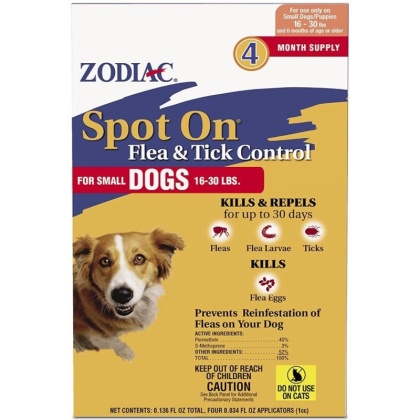 Zodiac Spot on Flea & Tick Controller for Dogs - Small Dogs 16-30 lbs (4 Pack)